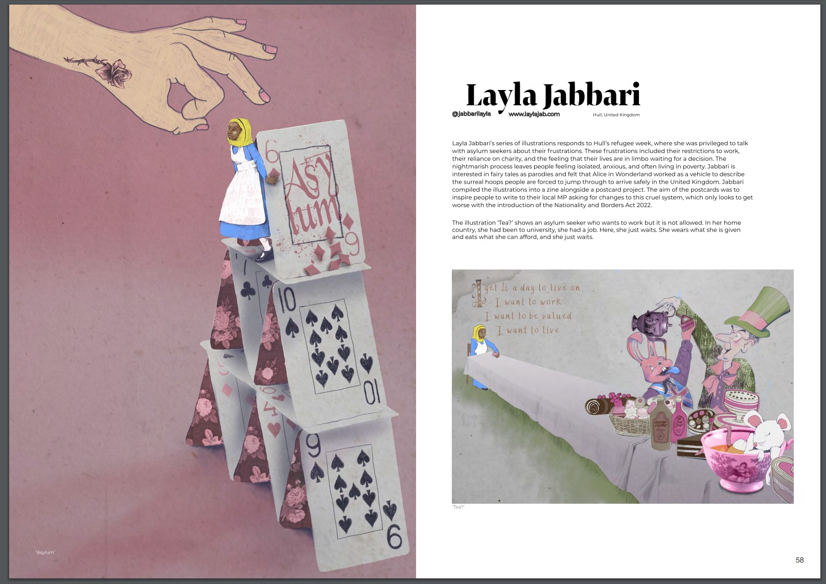 Details of article in the magazine 'Artists Responding To'. It shows a picture of Alice on playing cards with a giant hand above her as if to flick her off. Next to this is a summary of the work and a tea party image.
