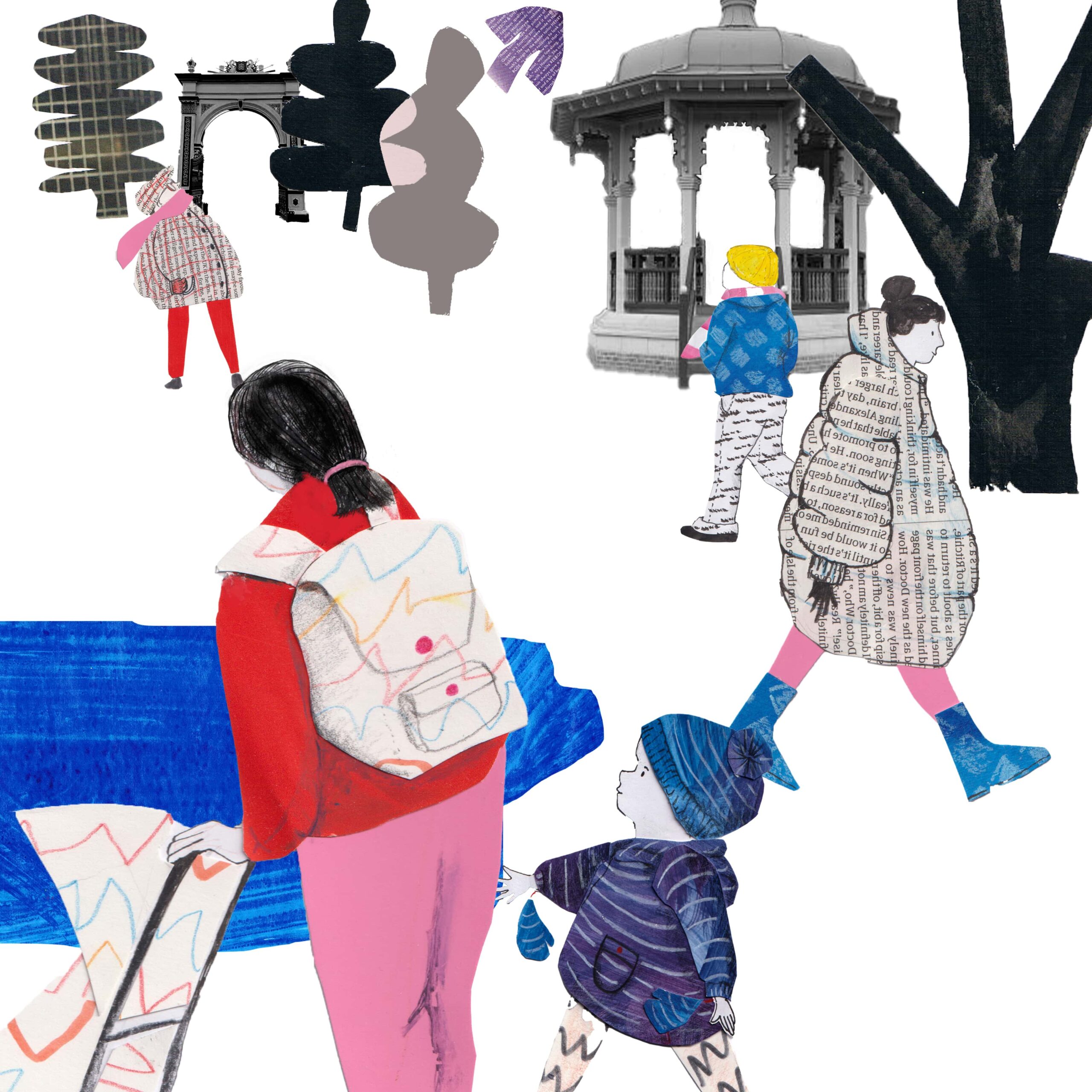 A scene in black, white blue and red of people in a park. At the front a woman puches a push chair next to a toddler. She looks over a pond toward people walking in the park. A man looks up at the sky at a bird. The work is mixed media paint and collage.