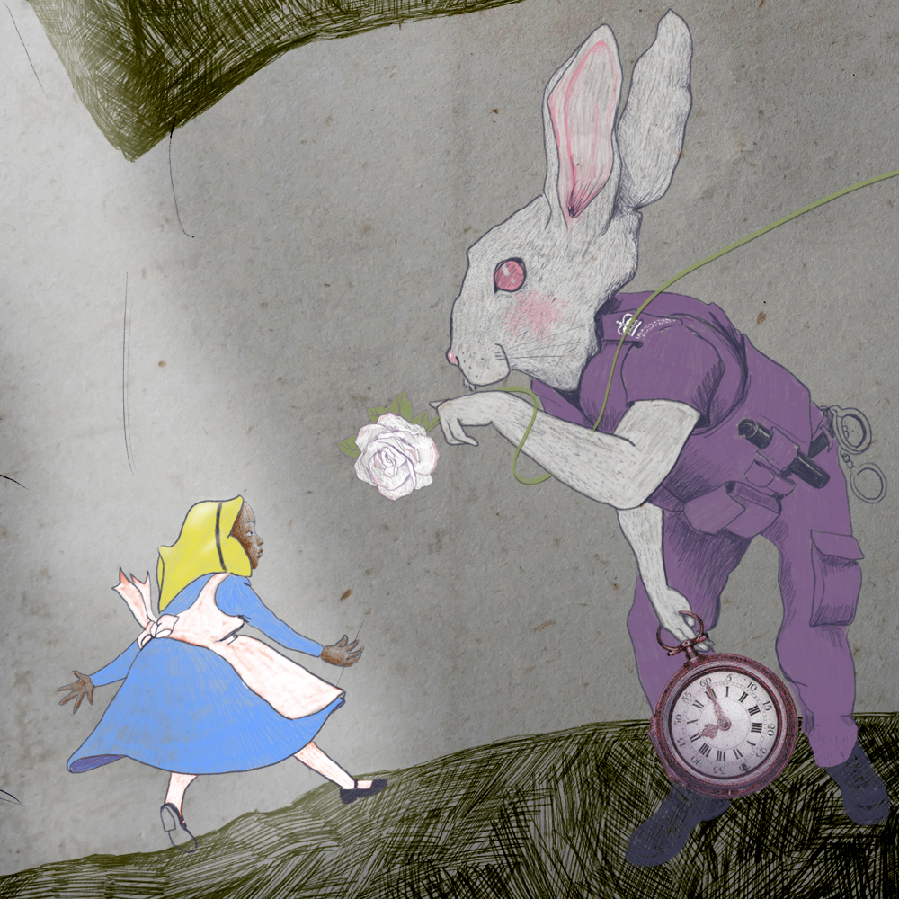 A girl resembling Alice in Wonderland looks toward a white rabbit, taller than her and dressed in uniform with handcuffs and batton