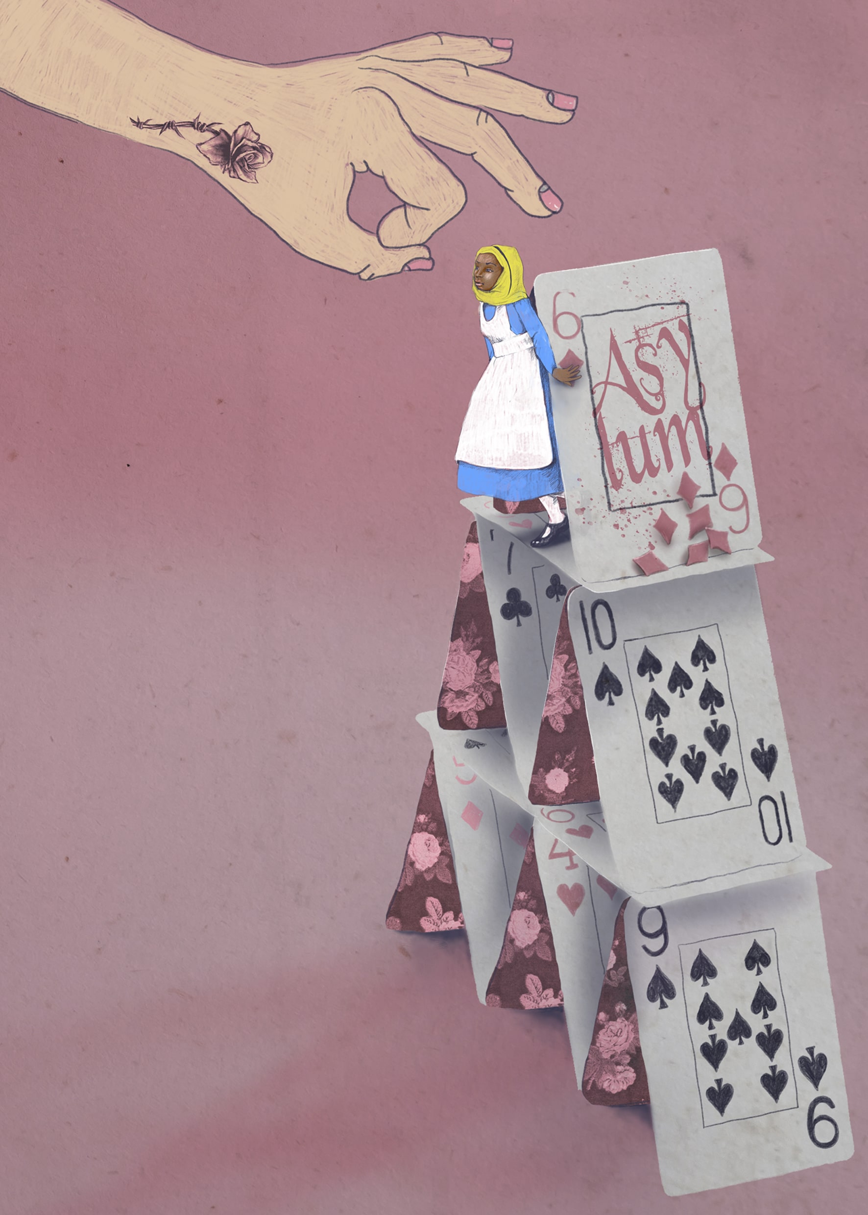Alice stands on a house of cards, a large hand reaches over as it to flick her off. The card reads " Asylum"