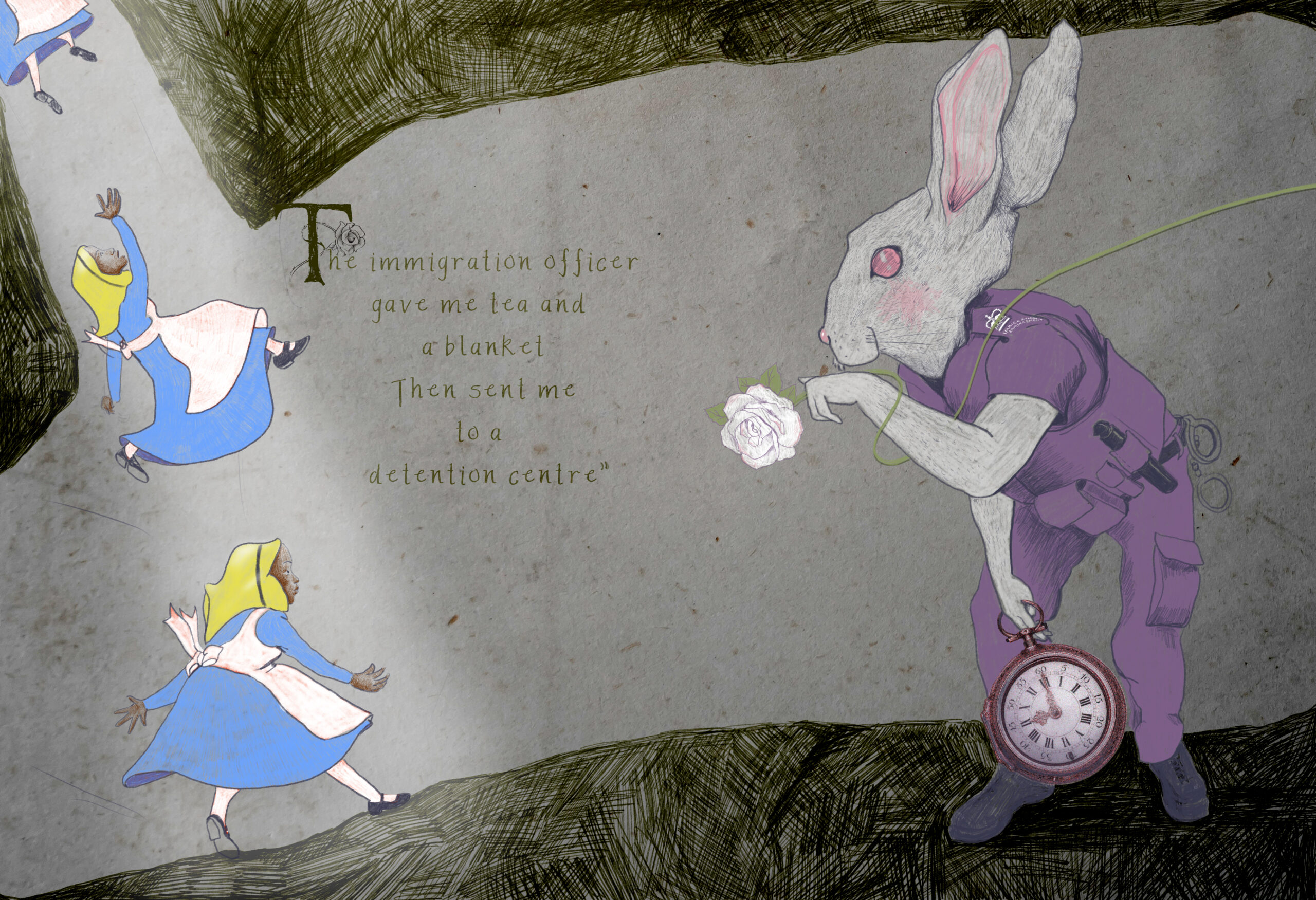Alice is falling down the rabbit hole. She looks toward the White Rabbit who holds a flower and watch. The rabbit is dress in uniform with hand cuffs and a baton.