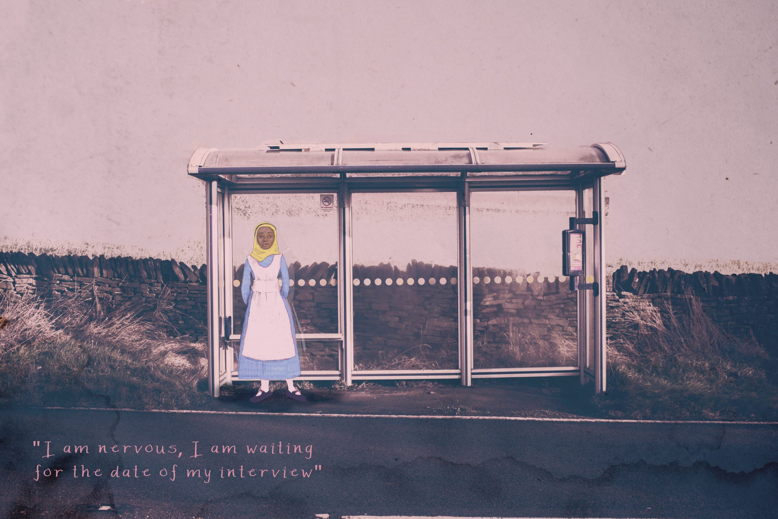The figure of Alice stands at a bus stop. The caption reads "I am nervous, I am waiting for the date of my interview"