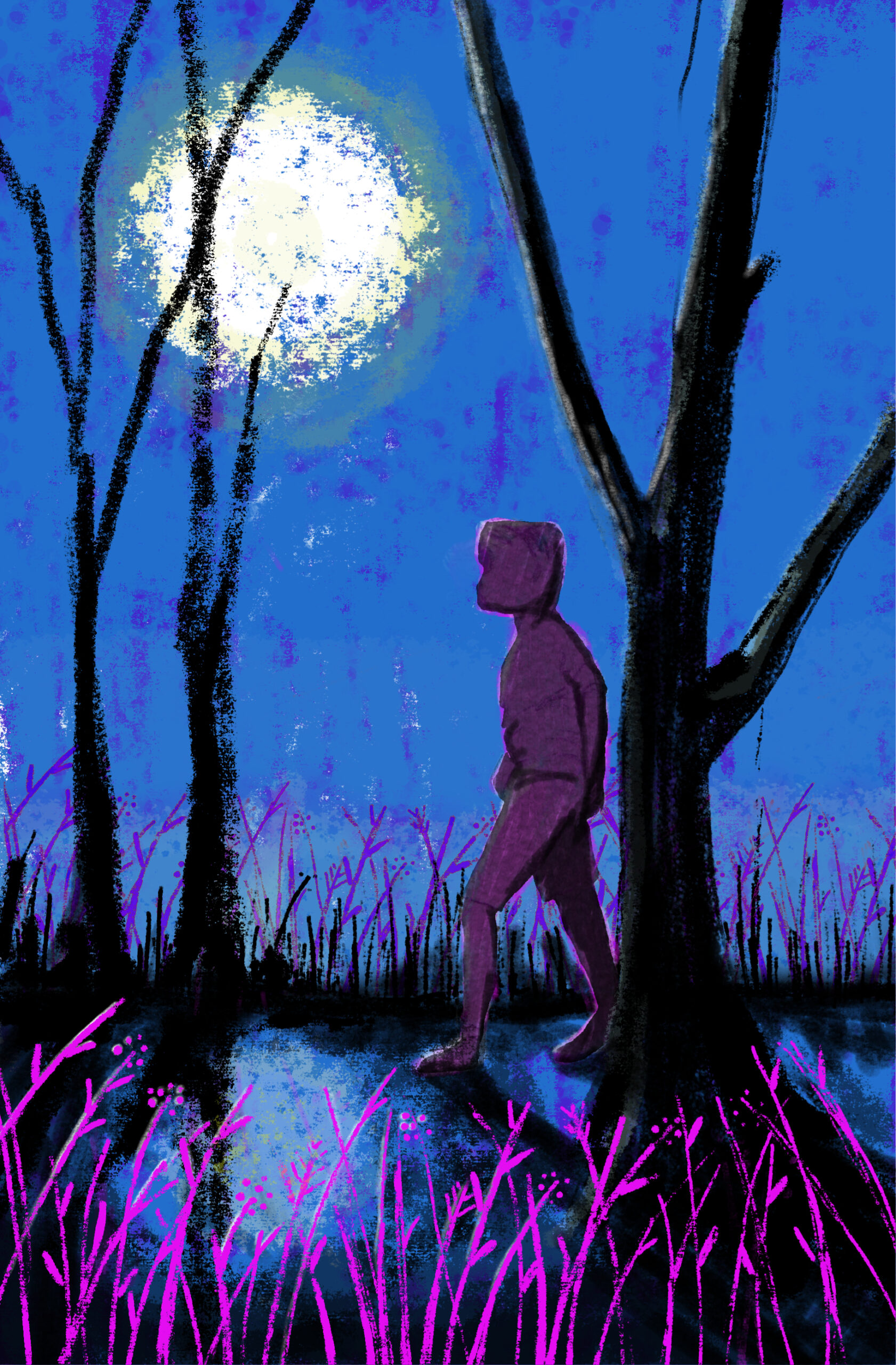 A boy walks across blue background with the moon behind.
