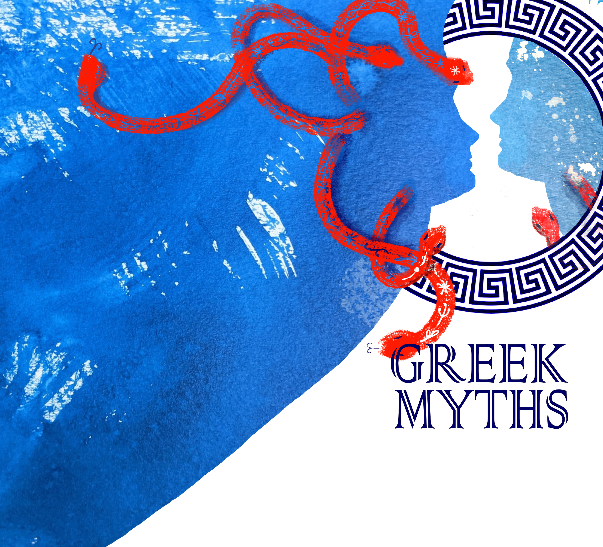 The profile of a blue face looks into a mirror and sees a reflection. There are red snakes around the face. The titke reads Greek Myths