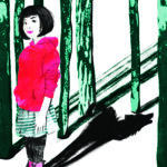 Girl in a red hoody and striped skirt stands in the wood, a shadow falls behind her in the shape of a wolf.