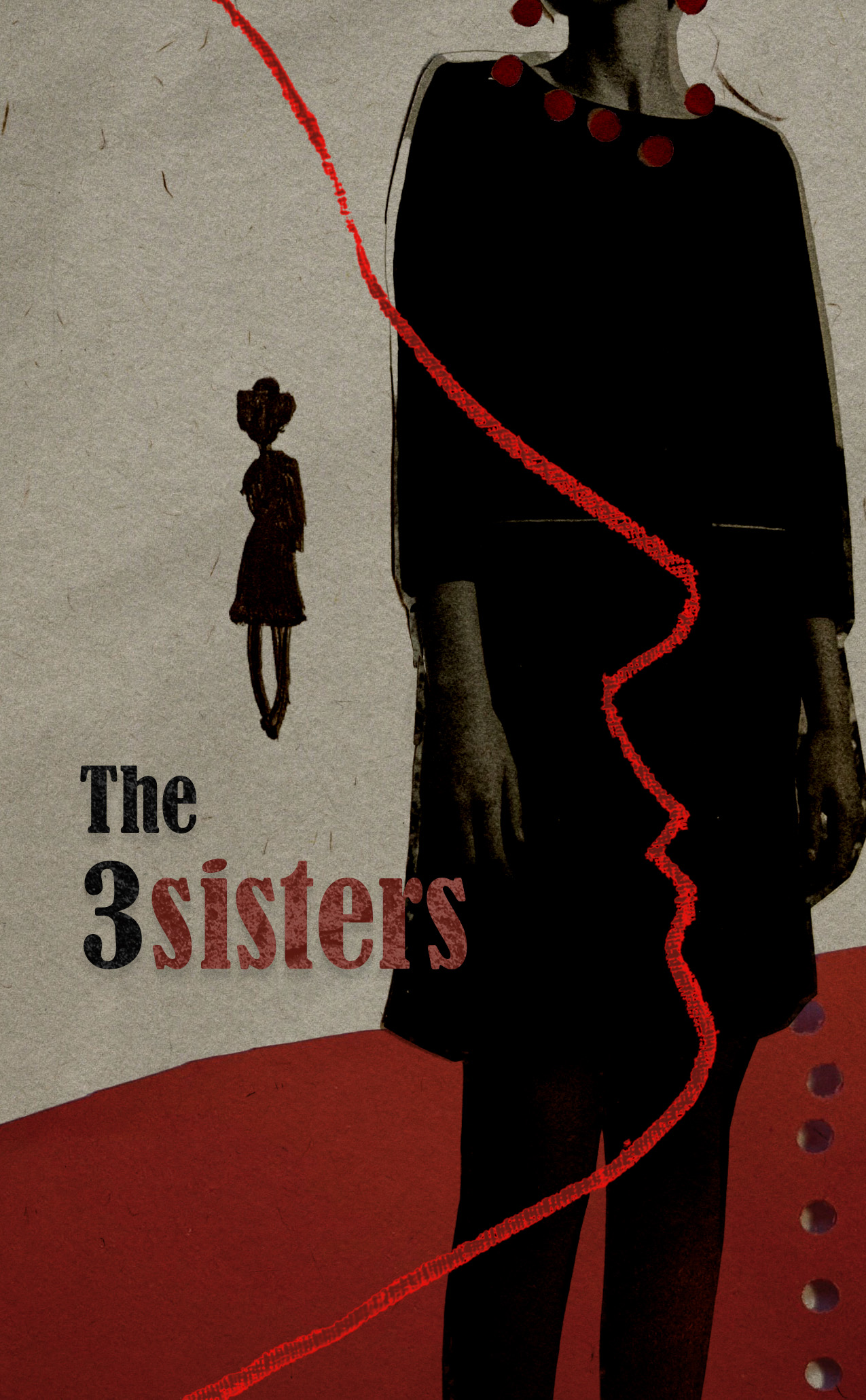 A photograph of a woman at the front with the silhouette of a girl behind and a red line profile of a woman at the front. The text The 3 sisters is at the front. The image is predominantly red and black with a paper texture background